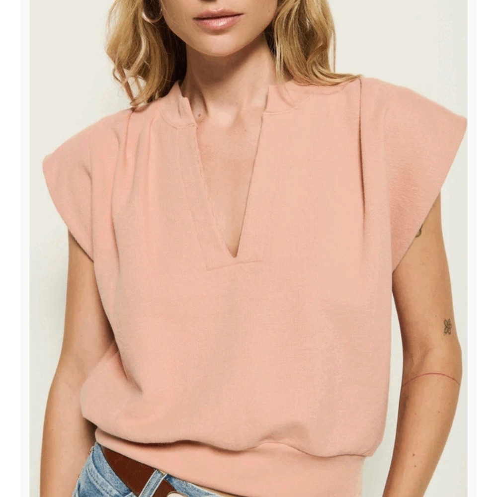 Nation Lenon Sweatshirt Women Large Sandstorm Pink V-Neck Cap Sleeve Pima Cotton